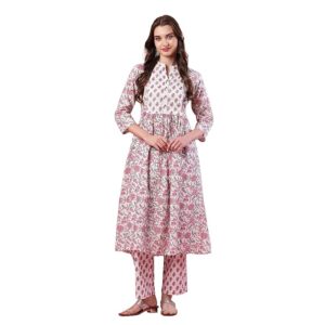 globus women peach printed straight kurta set with pyjama